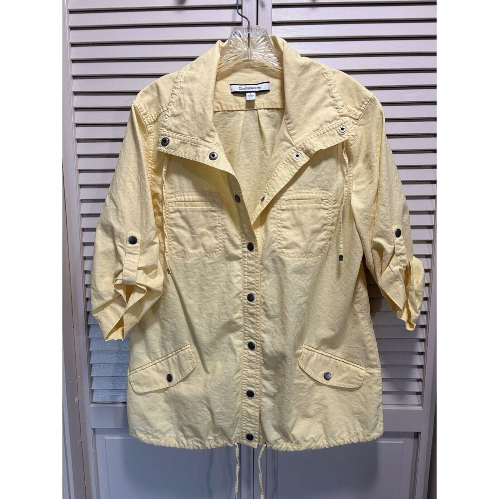 Croft & Barrow Long Tab Sleeve Snap‎ Up Yellow Jacket Size L Pockets Ties Linen